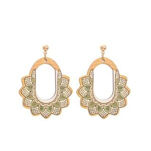 Faux Wood Boho Mandala Flower Stud Dangle Earrings Green White Brown